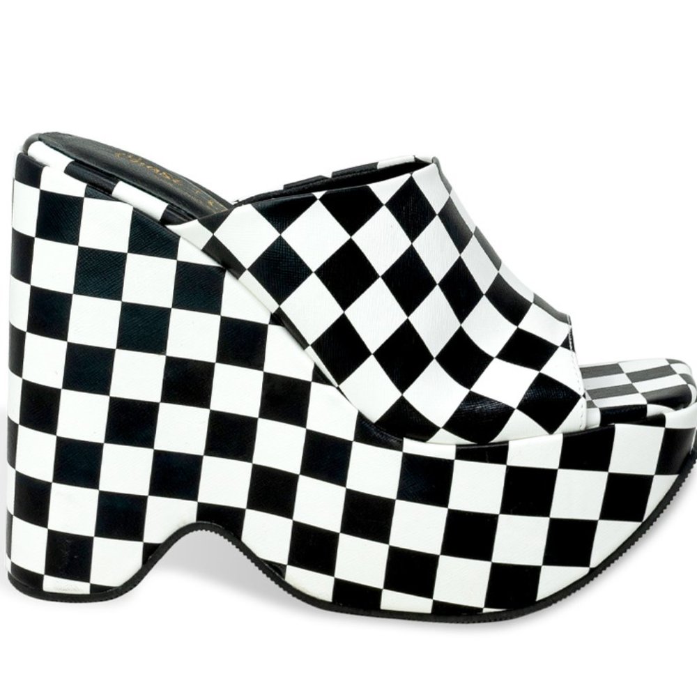 Womenโs Chunky Flatform Wedge Slide Heel Checkered Sandal